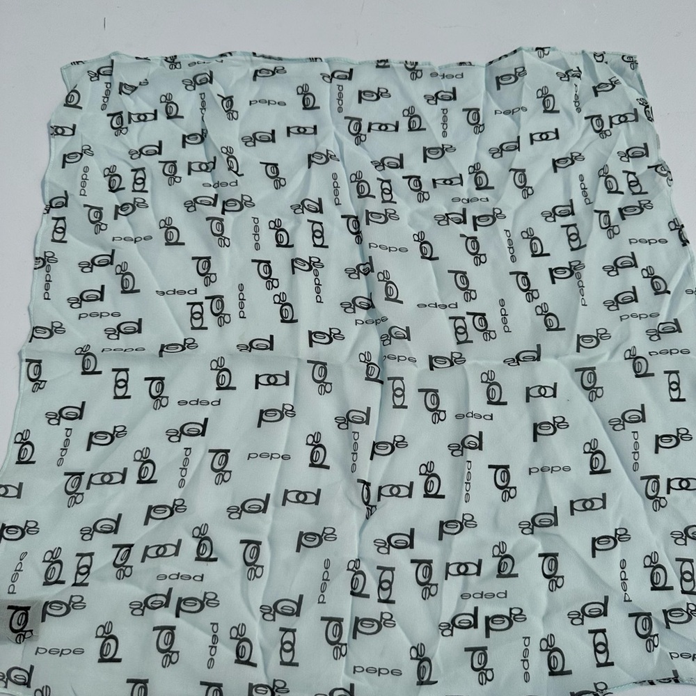 BEBE Women's Light Blue/Black Silk Semi Sheer Allover "bebe" Logo Square Scarf